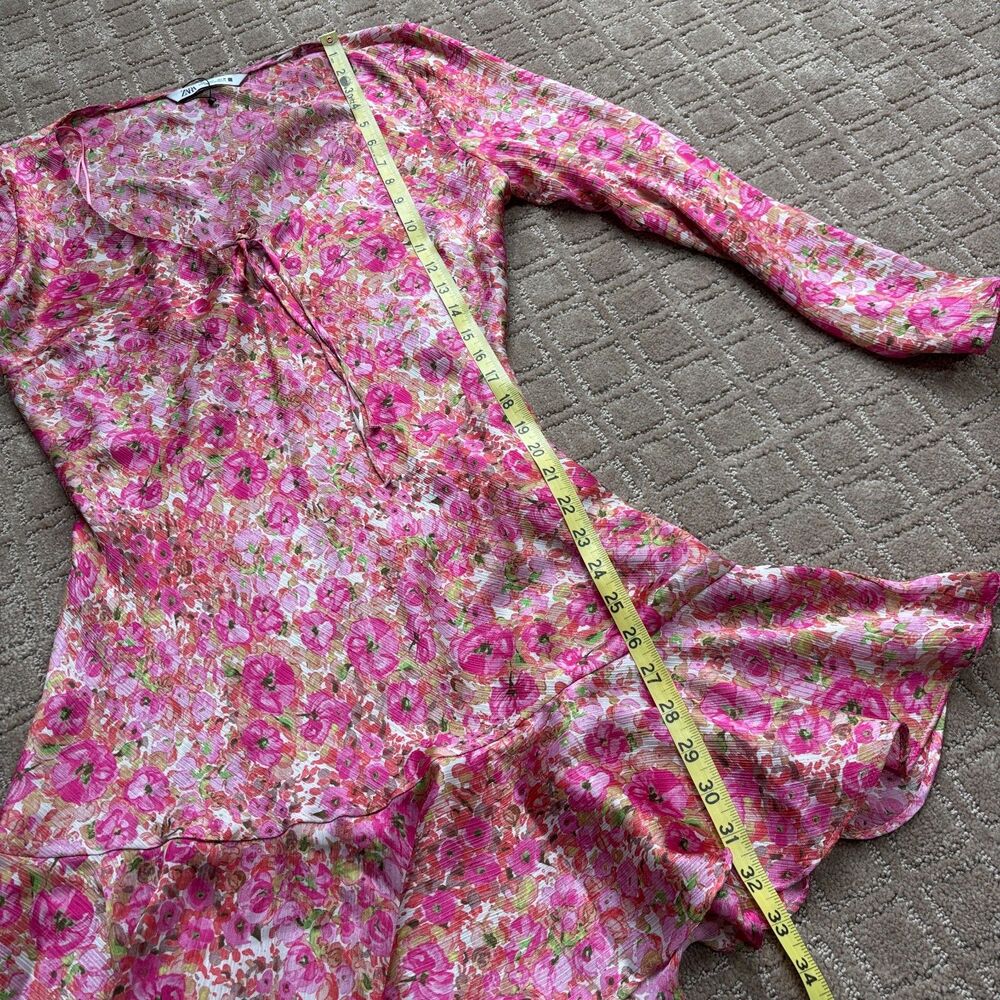 Zara Floral Print Mini Dress Women's L Pink Flounce Hem Lightweight Long Sleeve - Picture 7 of 10